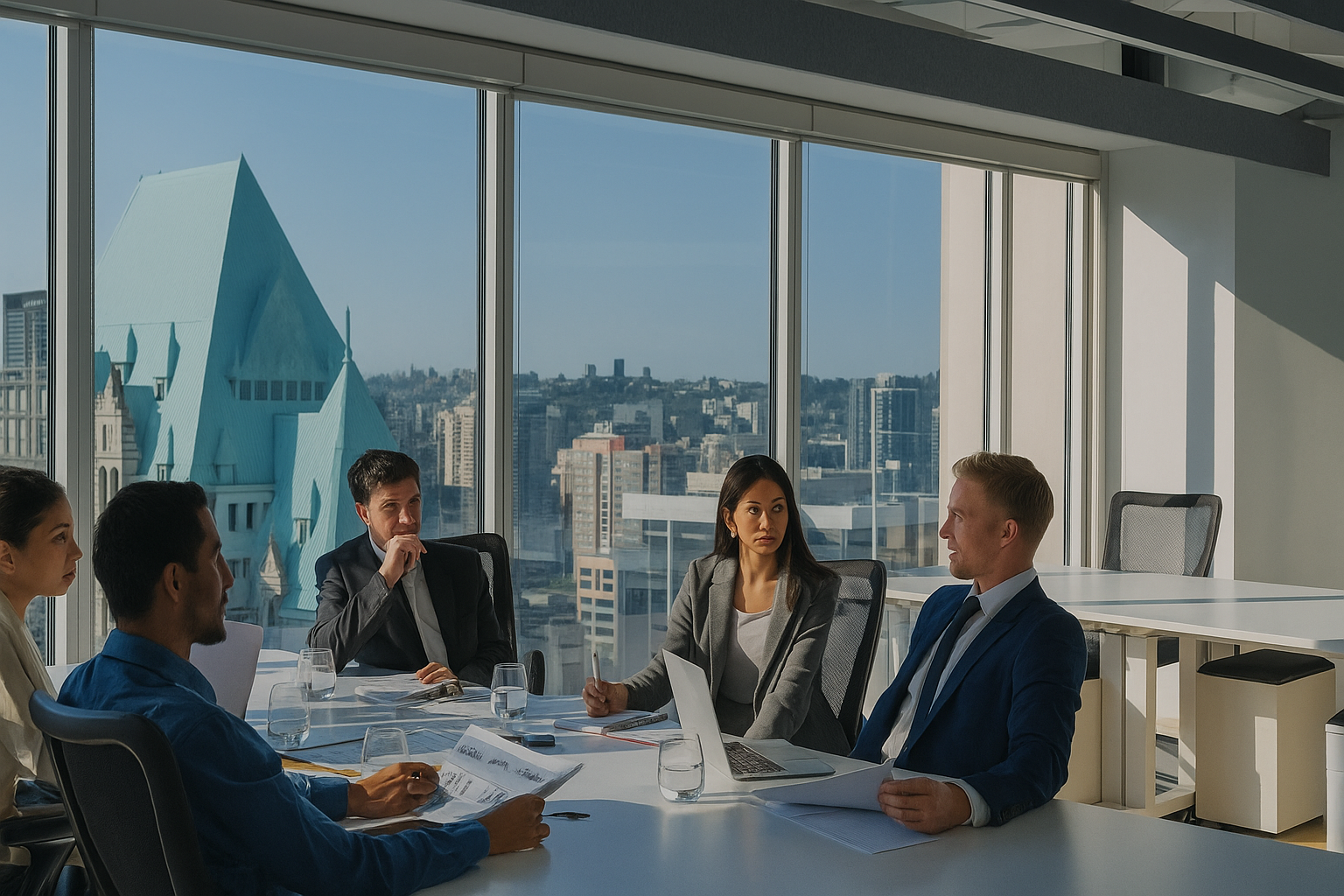 Professional business consultation with city skyline view